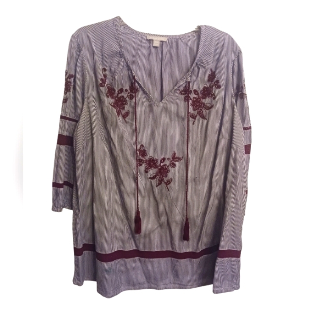 Blue & White Striped Blouse with Beaded Floral Design by Woman Within Size 18/20 - Picture 2 of 4